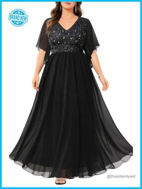 Plus Size Sequin Formal Evening Gown Prom Cape Sleeve Floor Length Dress